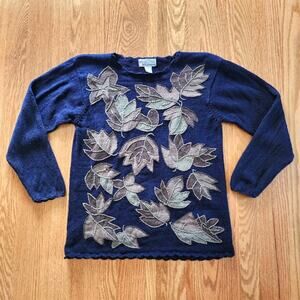 Vintage Milano Design Group Pull Over Sweater Embroidered Leaves Blue Tan Large